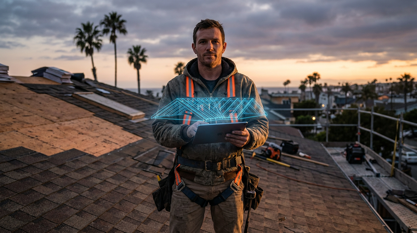 A Gulf Coast roofer uses a tablet with AI roofing tools for hurricane zones to inspect a roof at dusk.