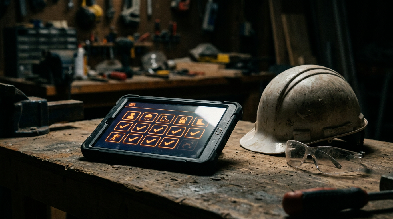 A tablet showing a safety checklist, demonstrating the use of AI for creating Safe Work Method Statements on a construction site.