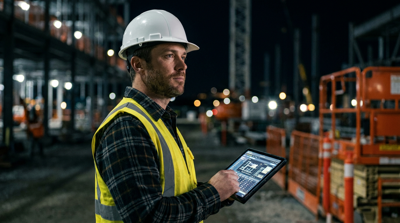A construction foreman using a tablet with an AI interface for screening trade applicants on a modern jobsite.