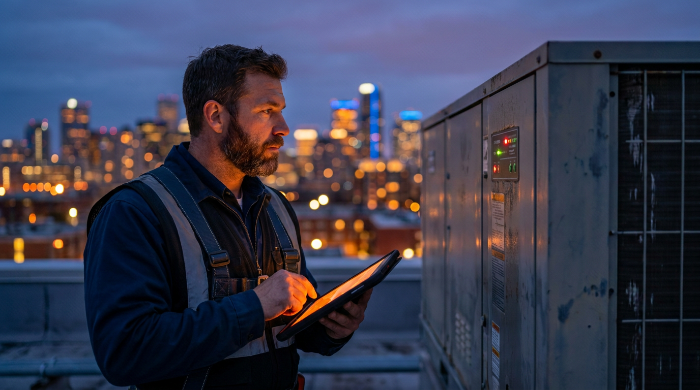 An HVAC technician uses a tablet with AI software to help select a commercial HVAC rooftop unit on a city rooftop.