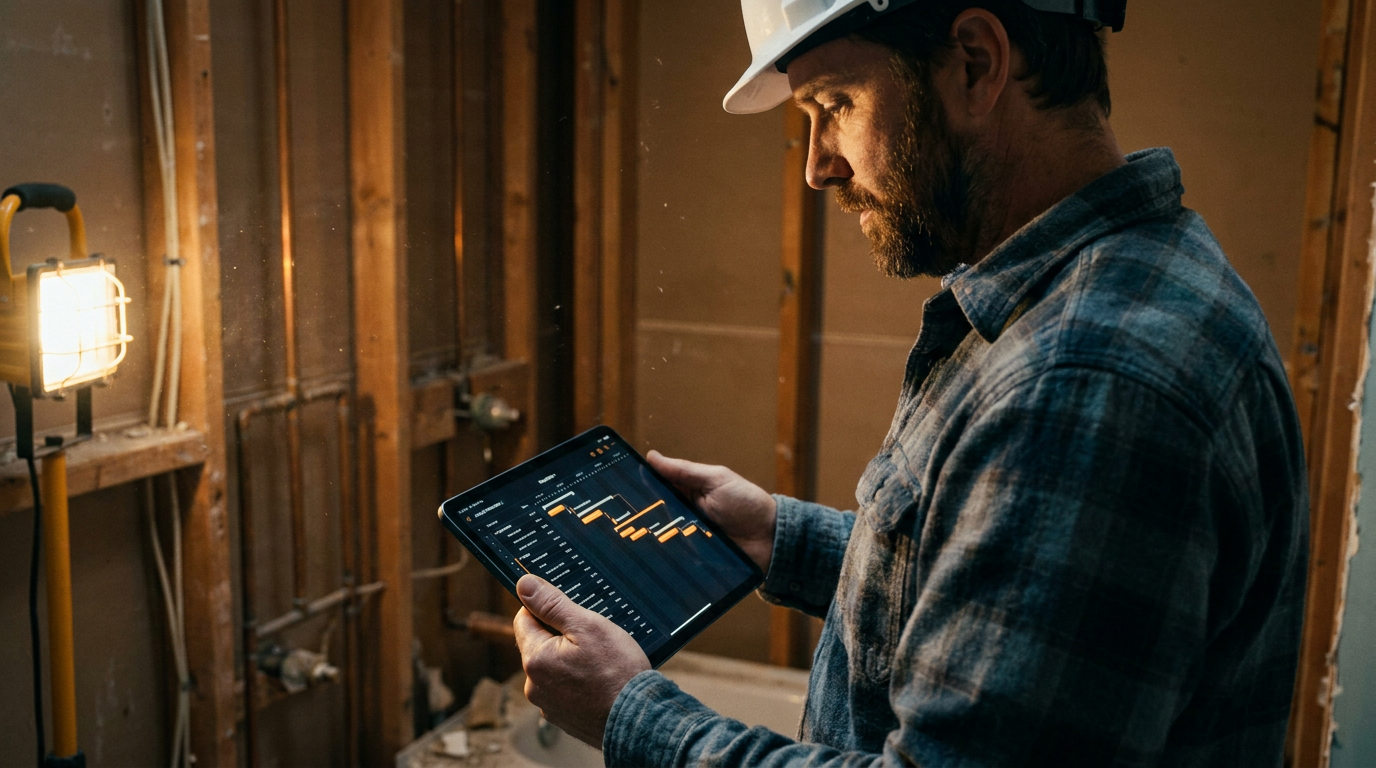 A project manager using a tablet with an AI-generated schedule to sequence jobsite tasks for a bathroom remodel.