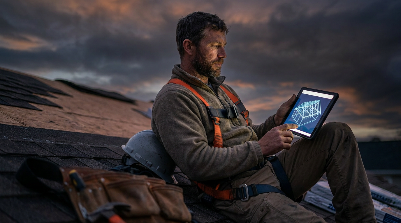 A roofer using a tablet with AI software to optimize a shingle layout and reduce waste on a job site.