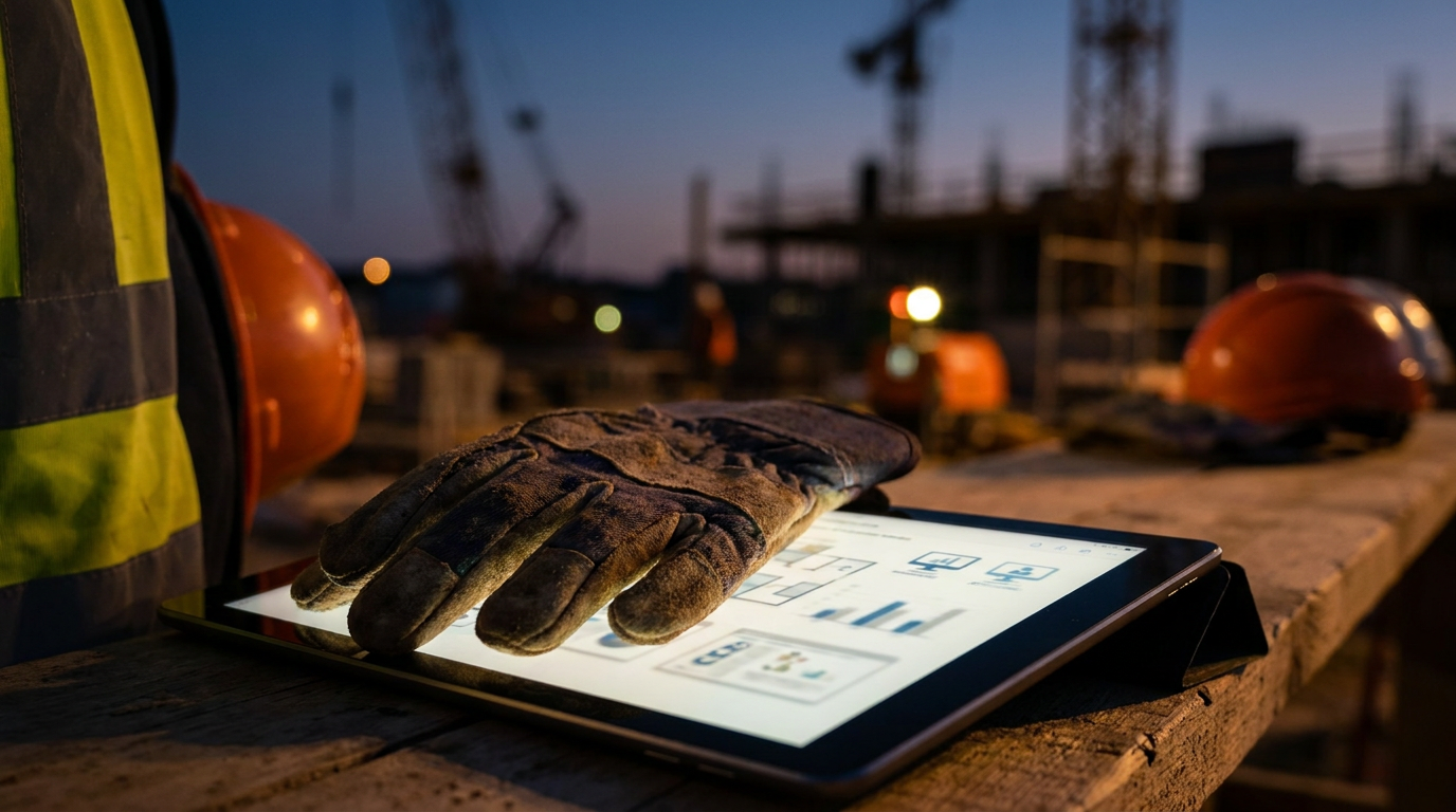A construction manager reviewing a site-specific safety plan on a tablet, demonstrating how AI can be used to create safety documents for the jobsite.