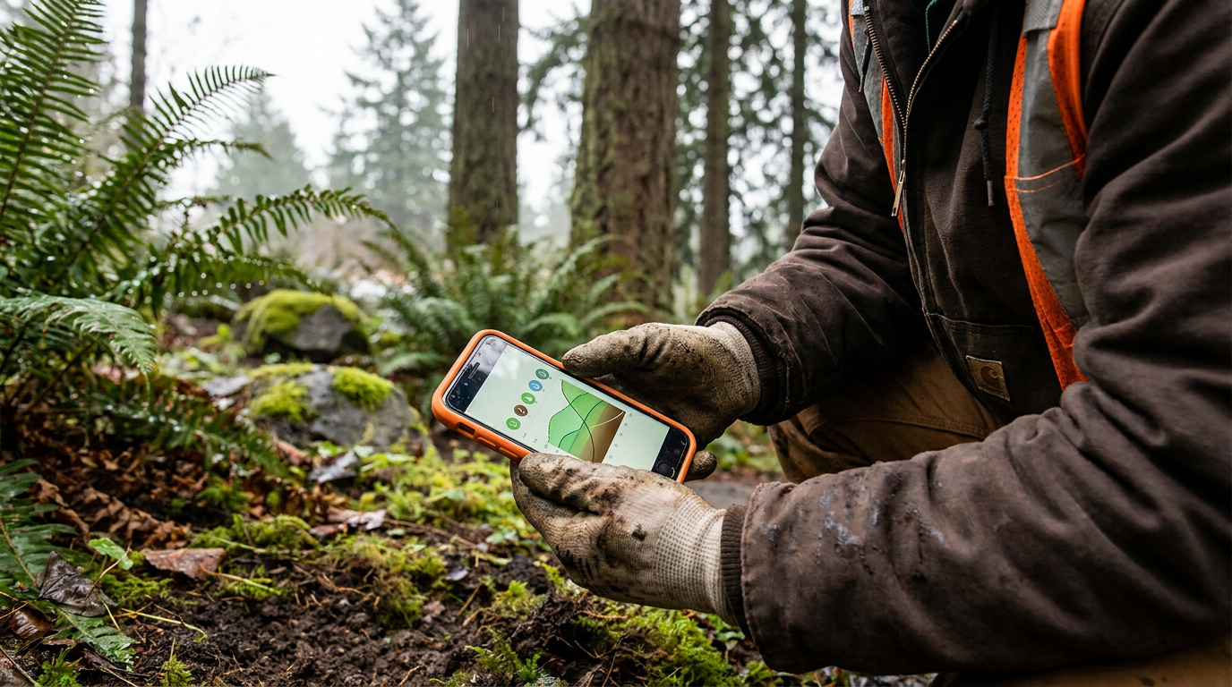 A Pacific Northwest landscaper using a smartphone for AI soil analysis tools in a garden setting.
