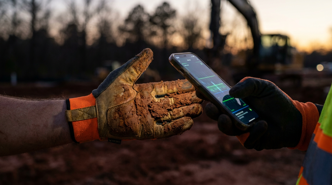 A landscaper in the Southeast US performs AI soil testing on a sample of red clay using a smartphone.