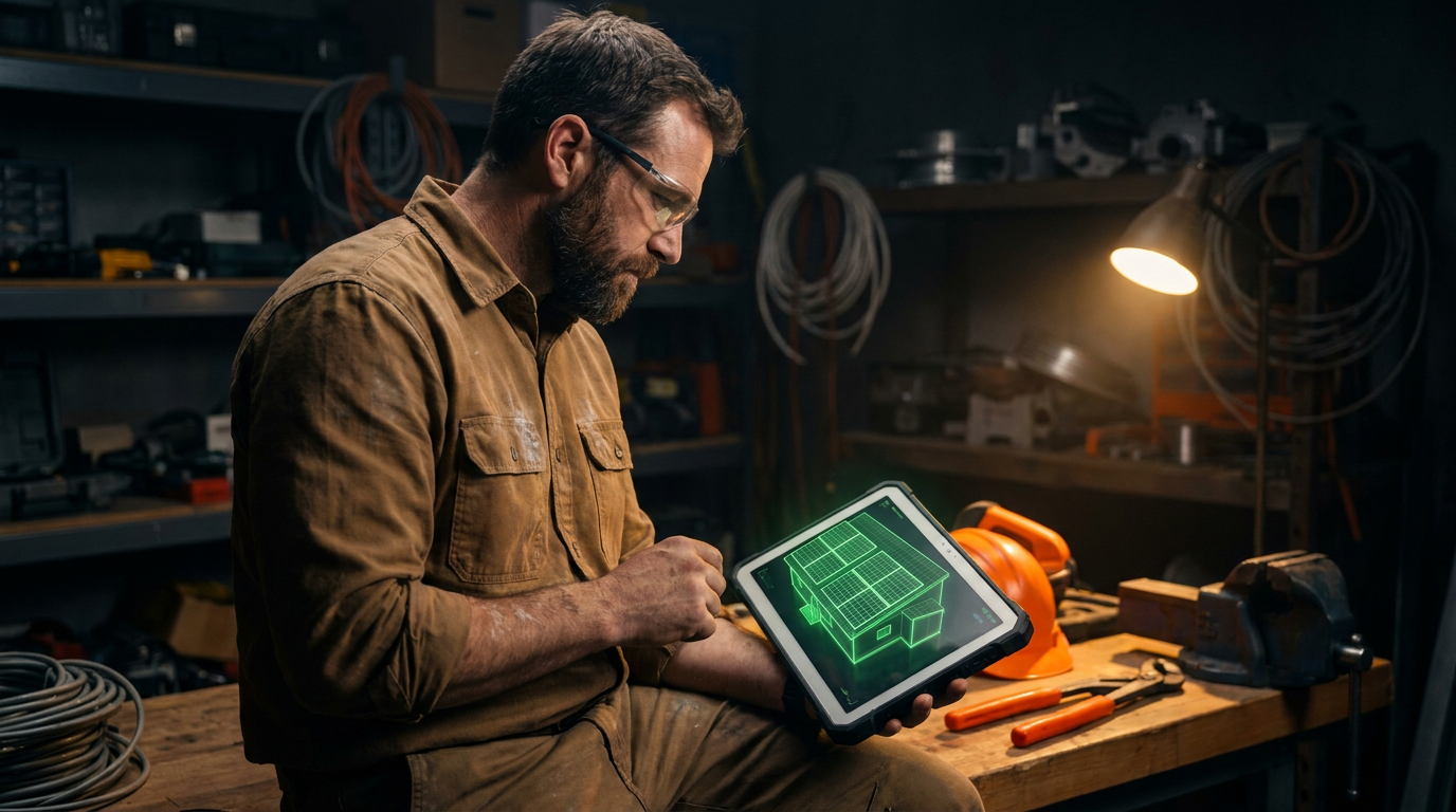 An electrician uses a tablet for AI solar design to maximize incentives for the Massachusetts SMART program.