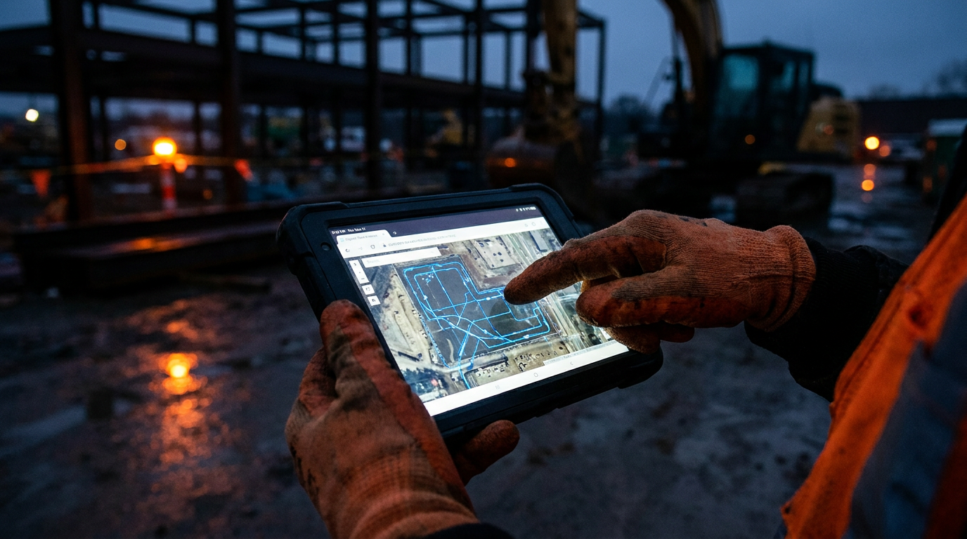 A construction manager using a tablet for AI stormwater management on a Southeast US job site to prevent flooding.