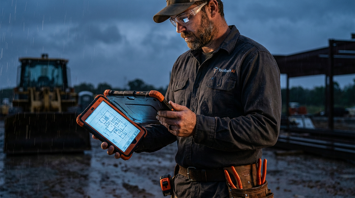A landscaper uses a tablet to review AI-generated plans for stormwater regulations in Washington State on a rainy construction site.