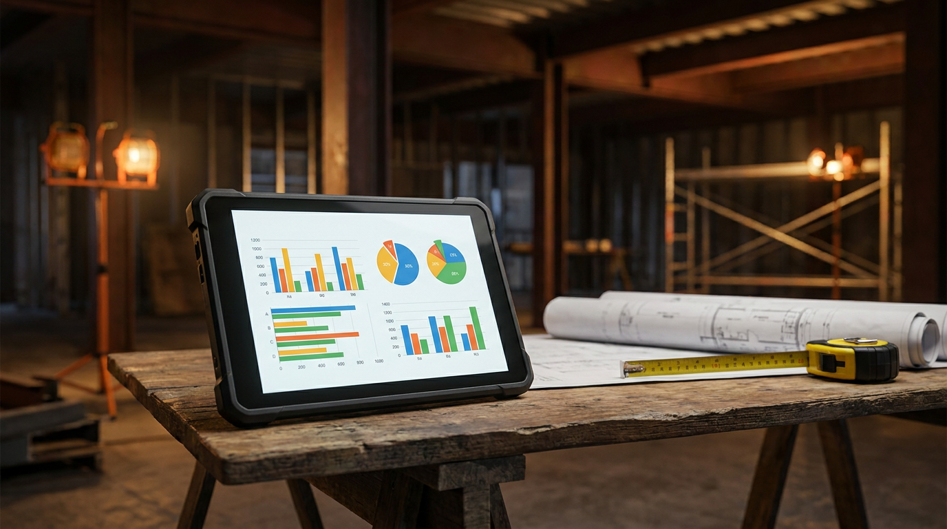 A tablet on a construction workbench showing charts, illustrating the use of AI for subcontractor bid analysis.