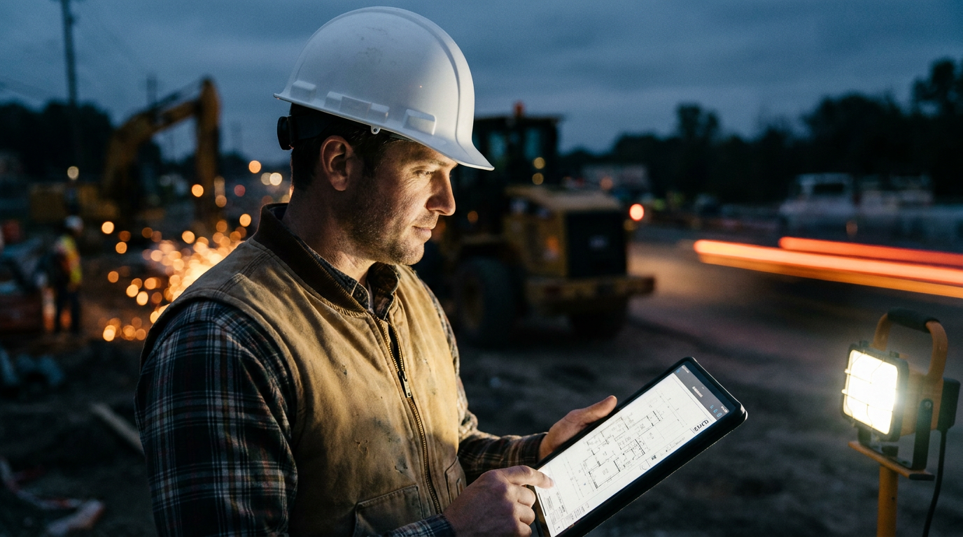 A general contractor using a tablet on a jobsite, demonstrating the use of AI for subcontractor communication.