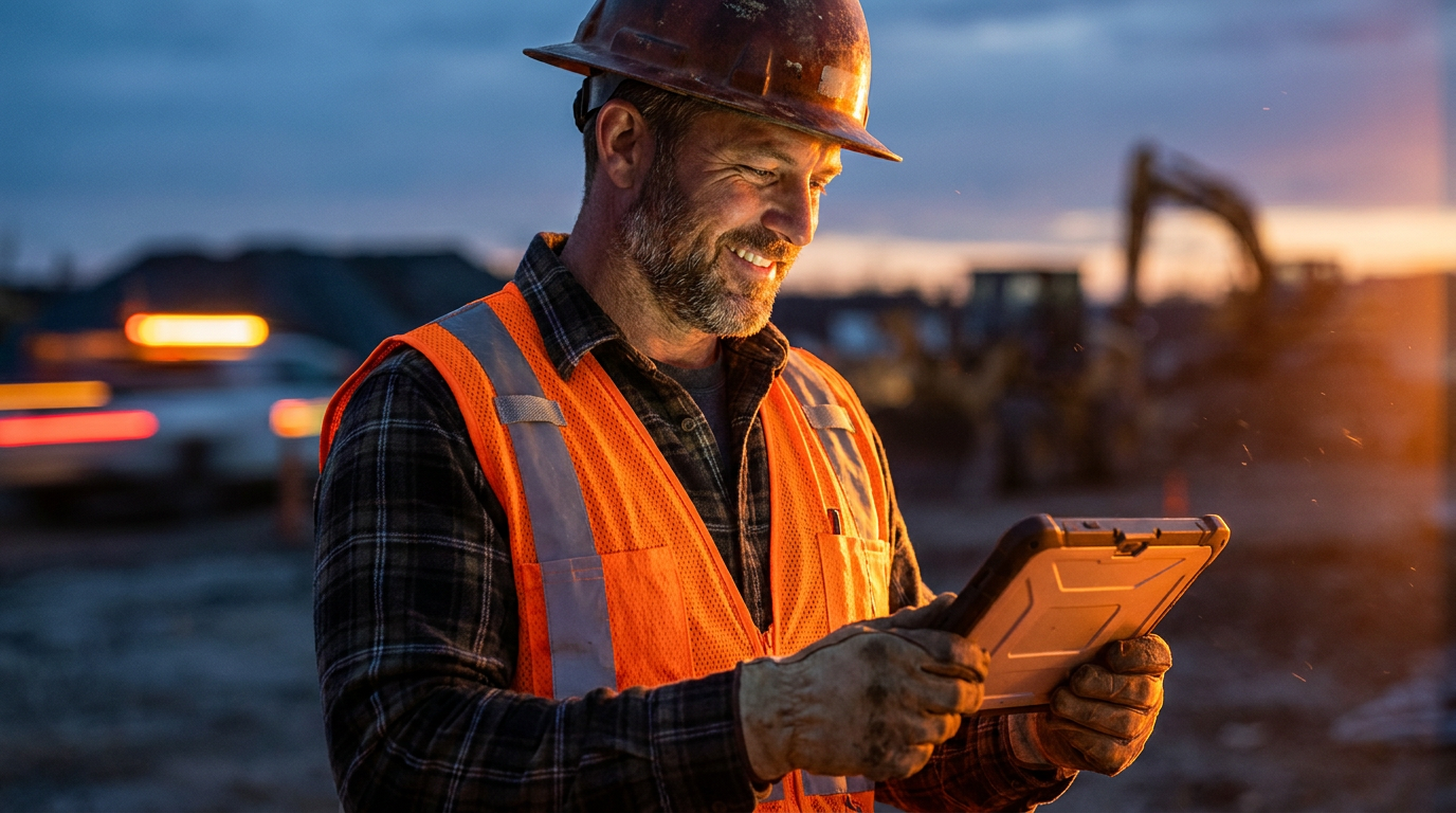A general contractor confidently uses a tablet on a job site, demonstrating the use of AI for subcontractor management.
