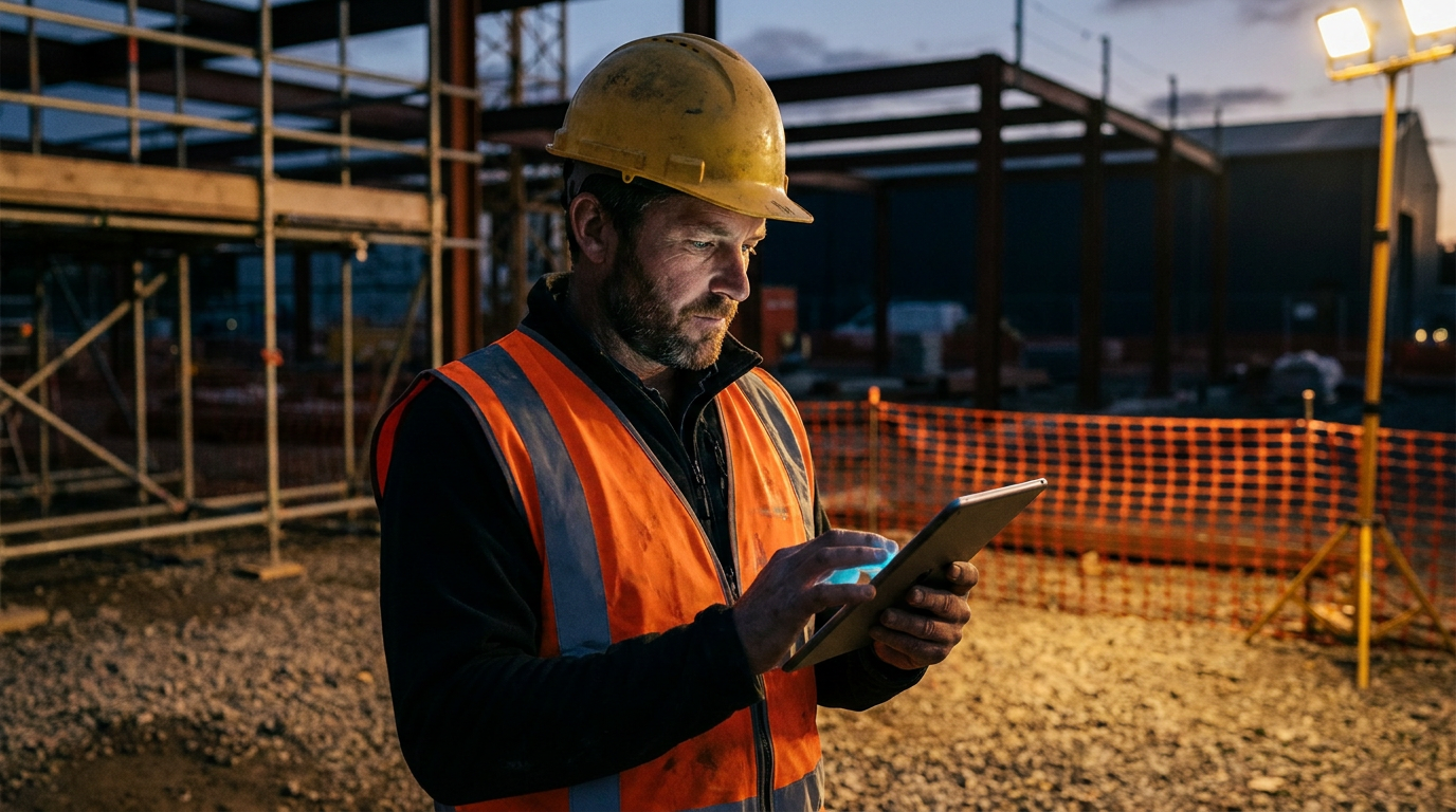 A construction manager uses a tablet on a jobsite, illustrating how AI can help with SWPPP compliance and reporting.