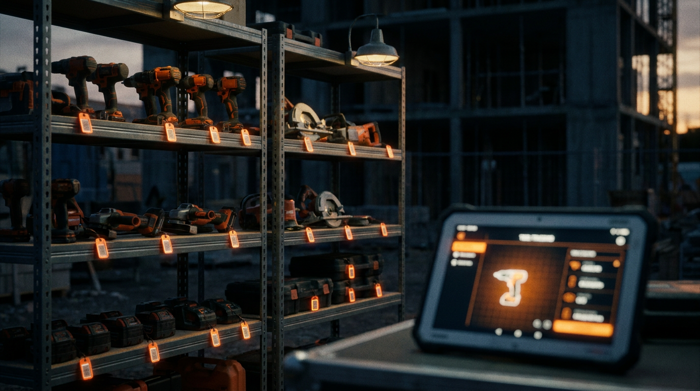 A tablet displaying an app for AI tool and equipment tracking sits in front of shelves of organized power tools.