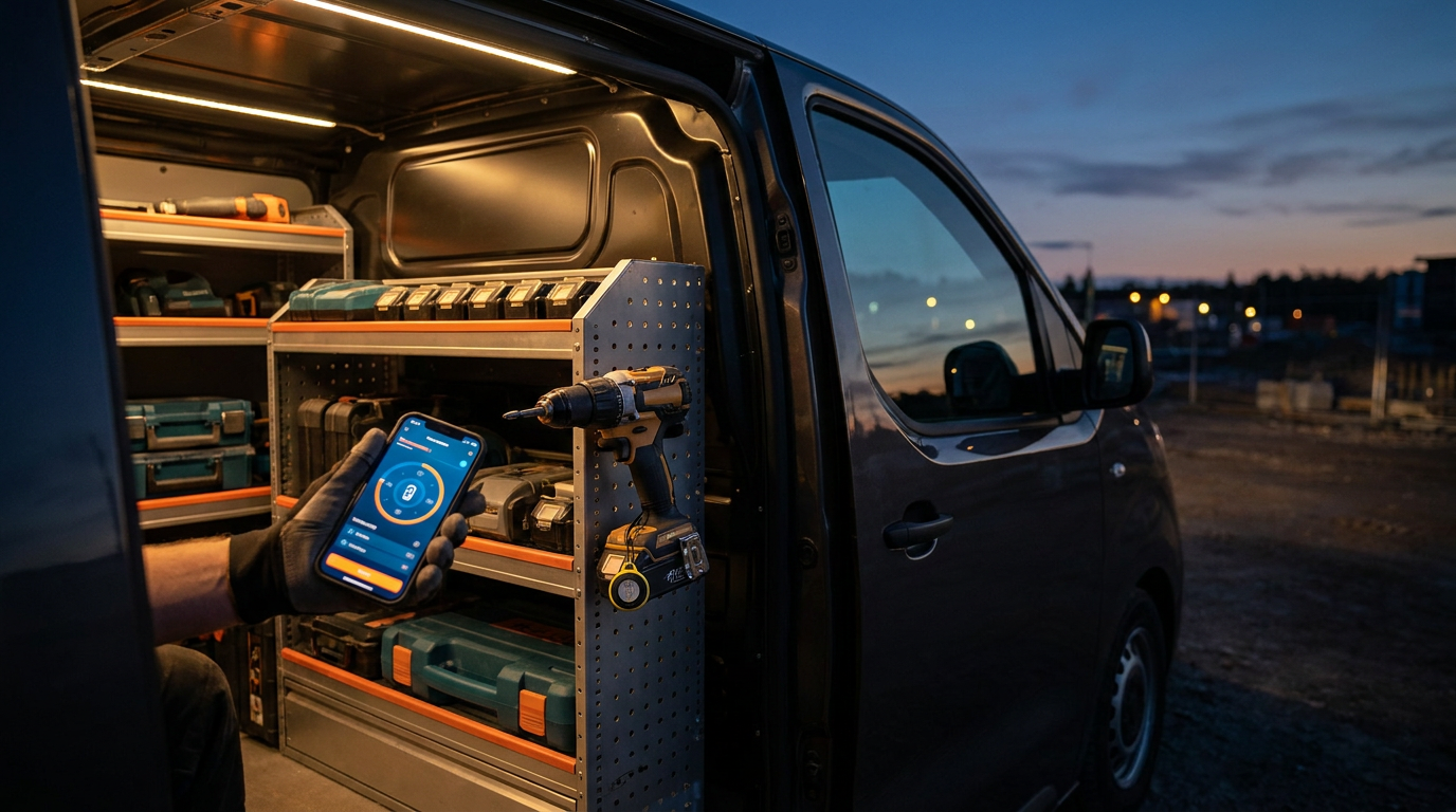 A tradesperson uses a smartphone app for AI tool tracking for work vans, scanning tools inside the vehicle.