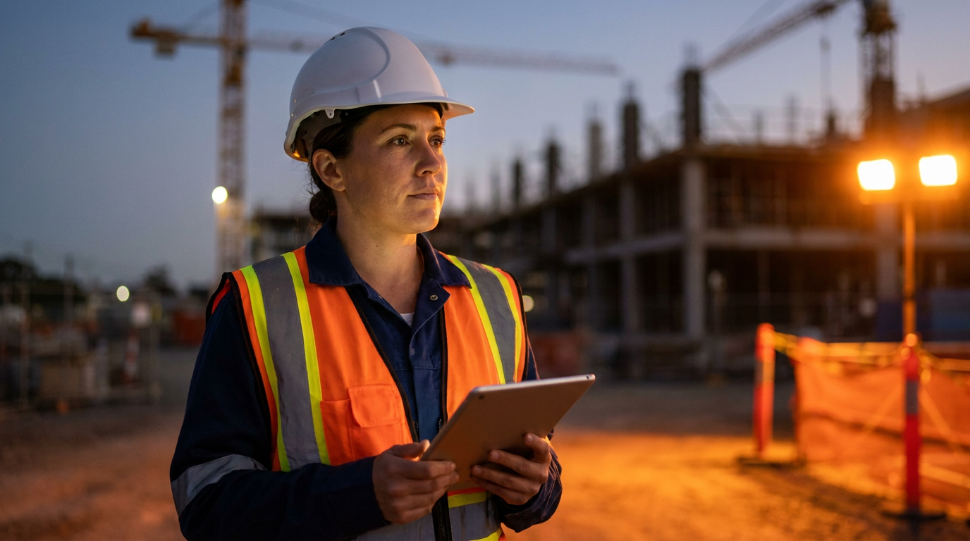 A general contractor uses a tablet with AI tools for SWPPP compliance on a California construction site.