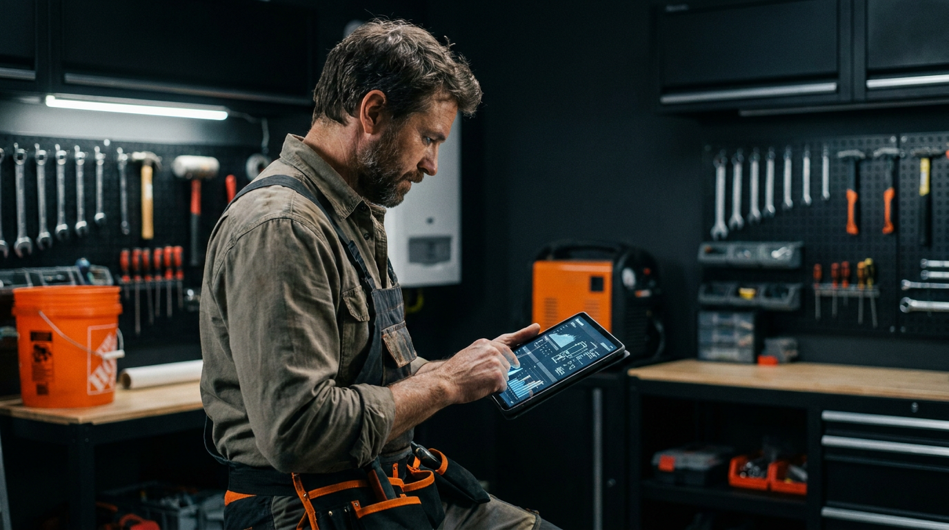 A California plumber uses a tablet with AI tools for water conservation planning in a modern workshop.
