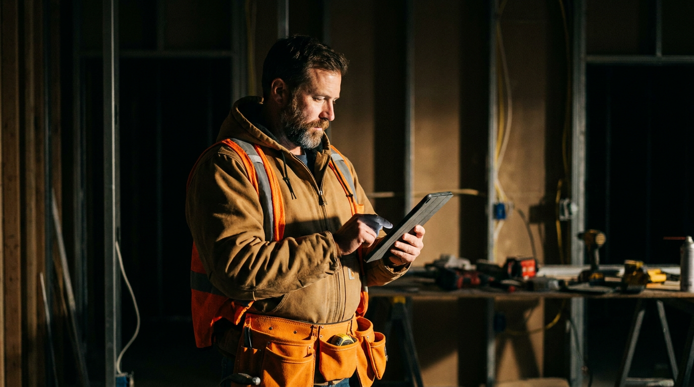 A general contractor uses a tablet on a Chicago job site, using AI tools for navigating Chicago building permits.