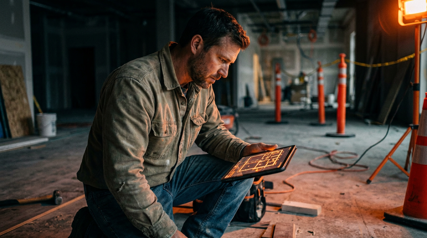 A flooring contractor reviews a digital blueprint on a tablet, using AI tools for flooring estimators to plan the job.
