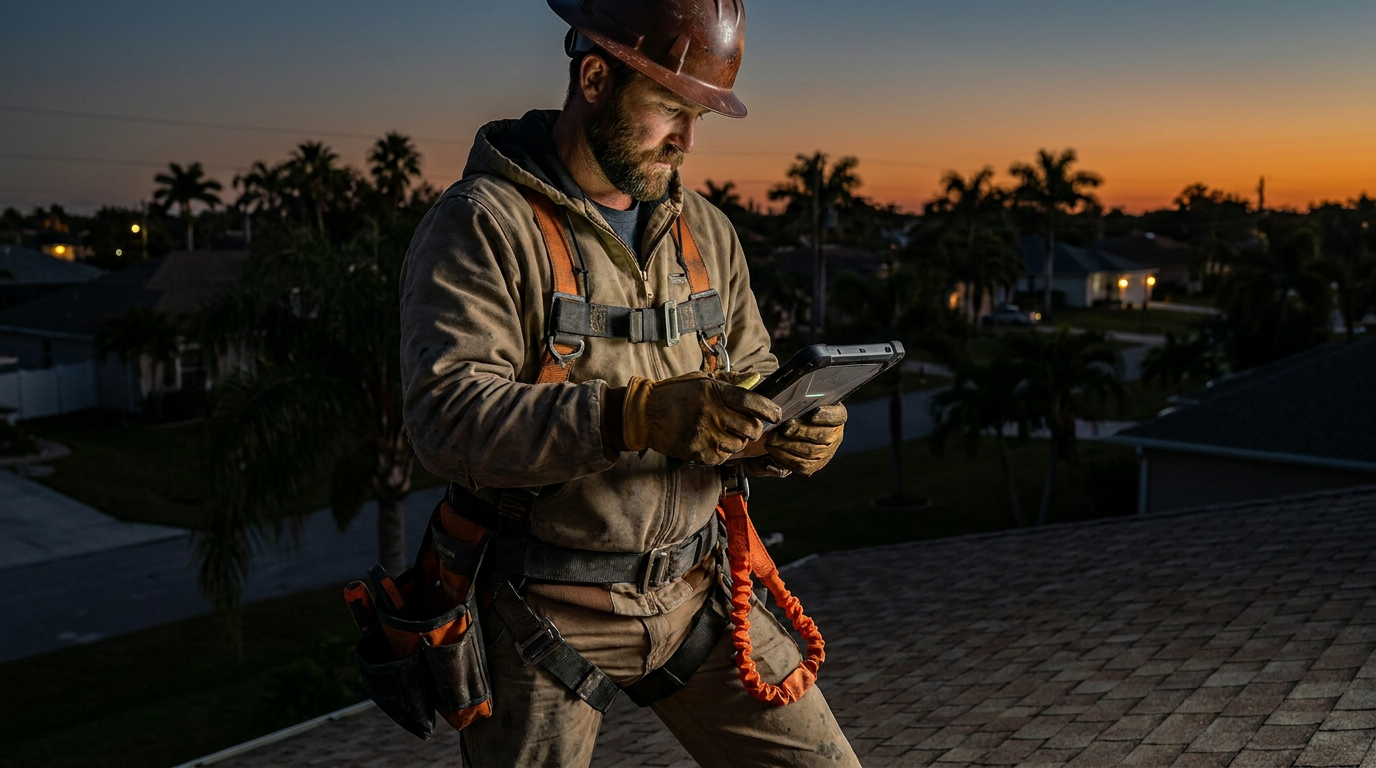 A Florida roofer using a tablet with AI tools for Florida building code roofing compliance while standing on a roof at dusk.