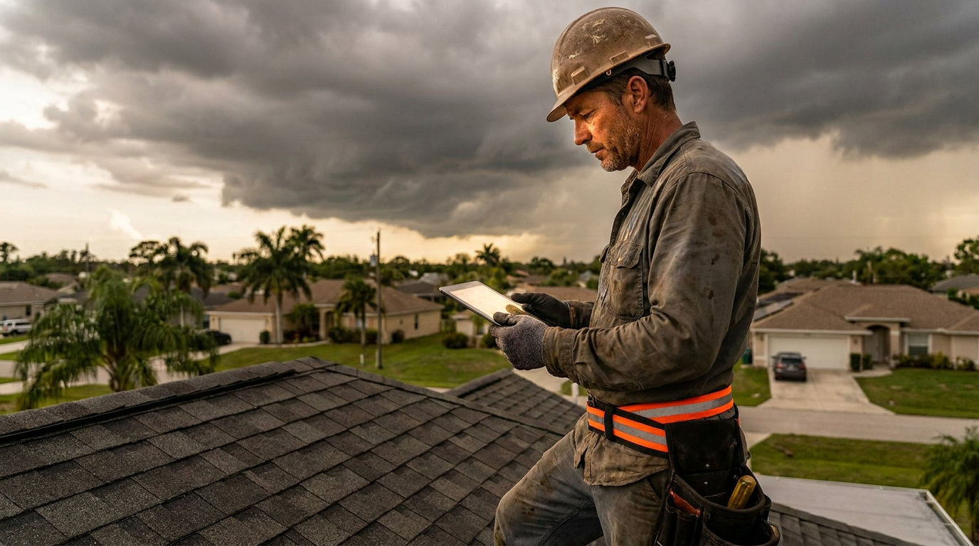 A Florida roofer using a tablet with AI tools for Florida Building Code wind load calculations on a residential roof.