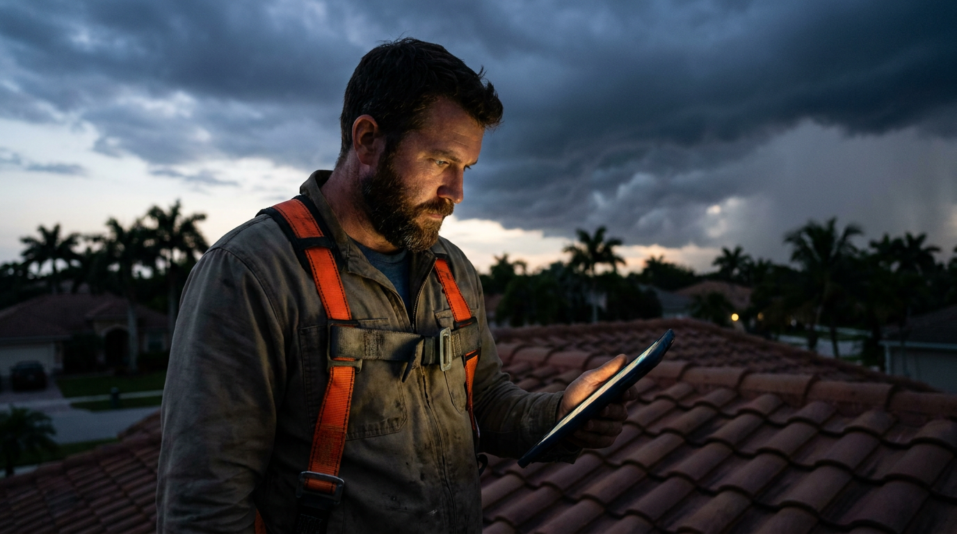 A Florida roofer uses a tablet with AI tools for wind mitigation inspections on a residential roof.