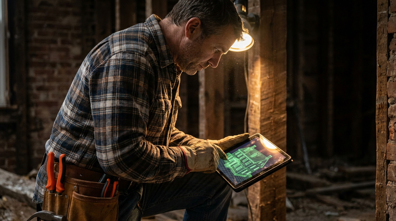 A general contractor uses a tablet with AI tools for historical building renovation in New England, planning the project inside an old home.