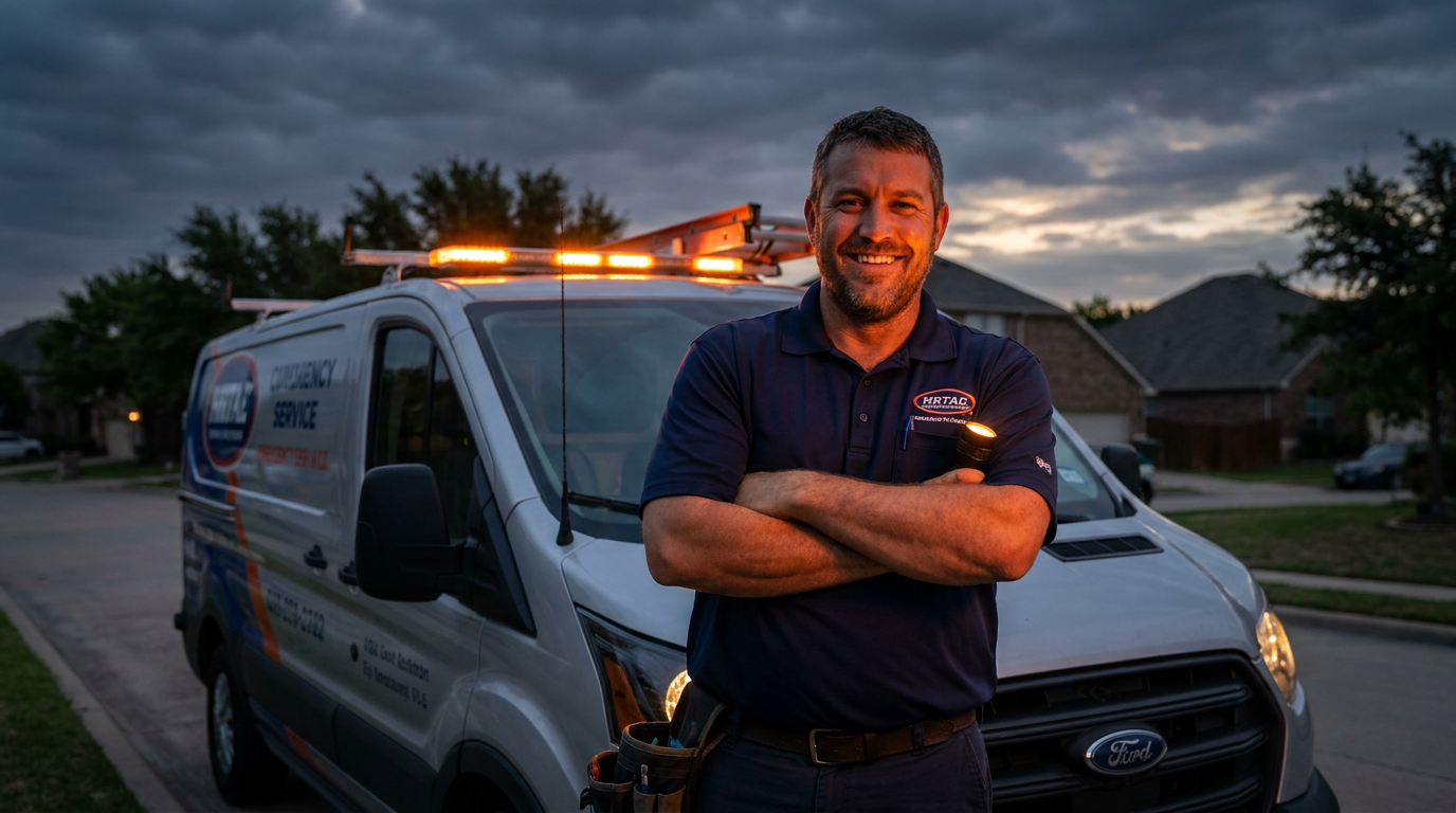 A confident Texas HVAC technician stands in front of his truck, ready to use AI tools for his day's work.