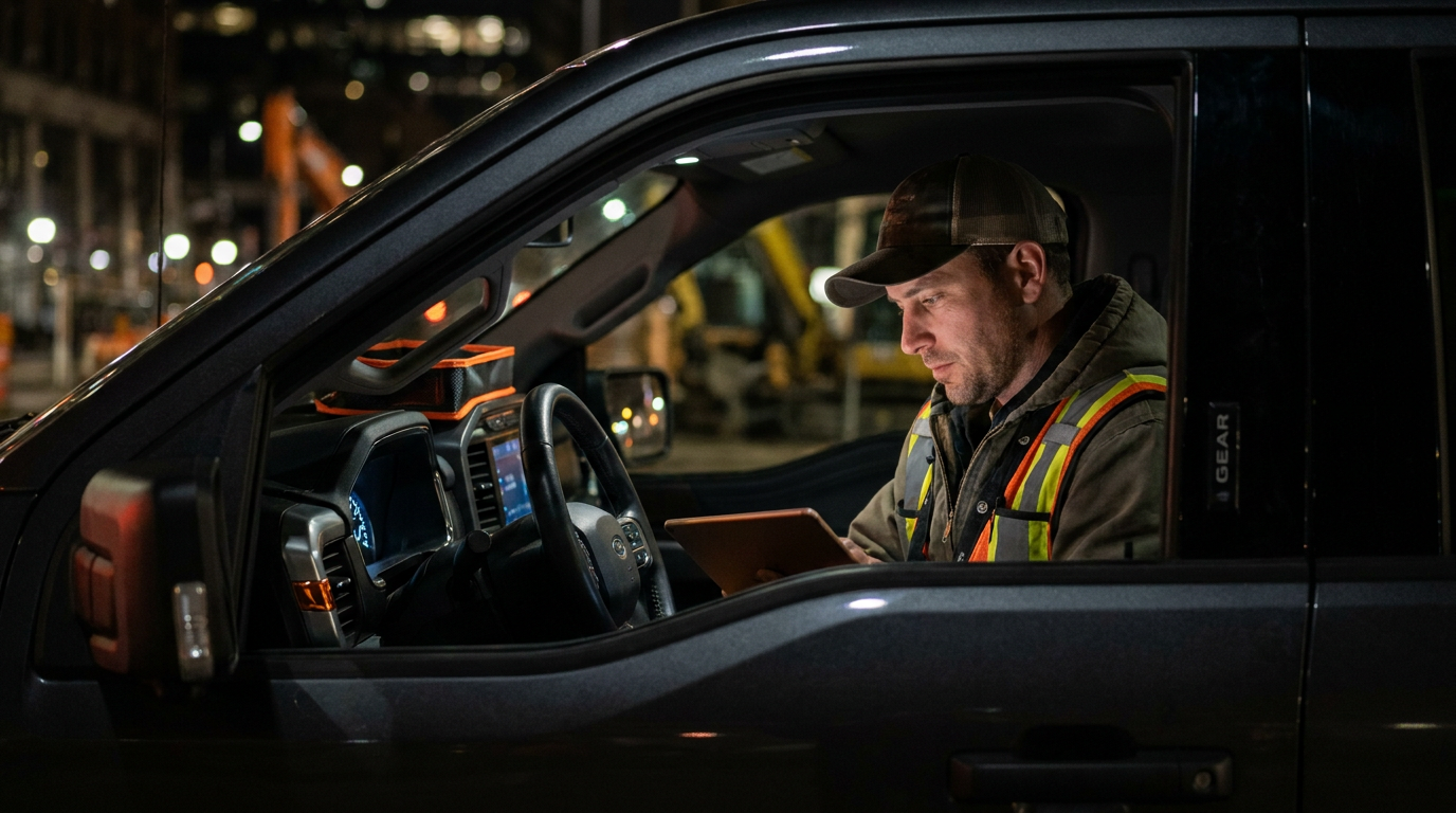 A contractor uses a tablet in his truck to manage his business with AI tools for online reviews.