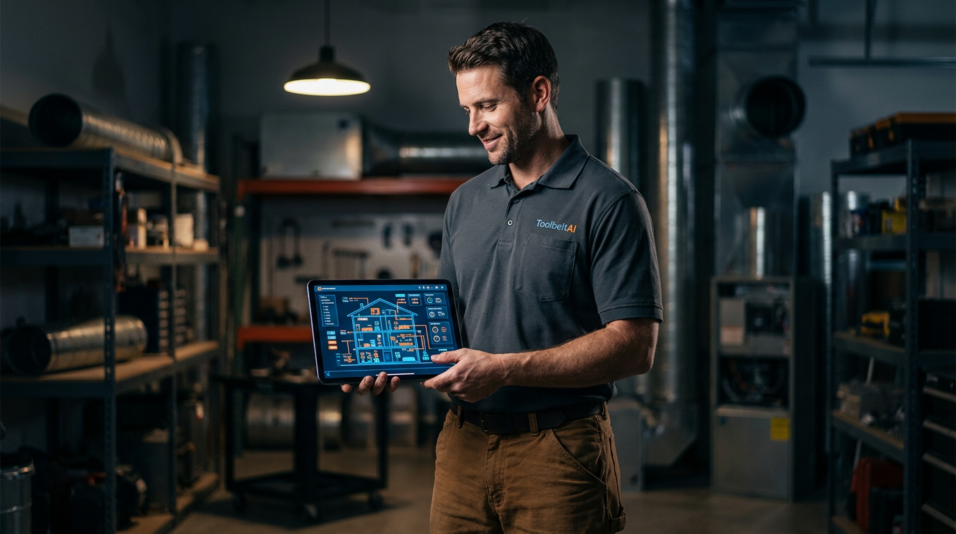 An HVAC technician uses a tablet with AI tools for cold climate heat pump installation in New England.
