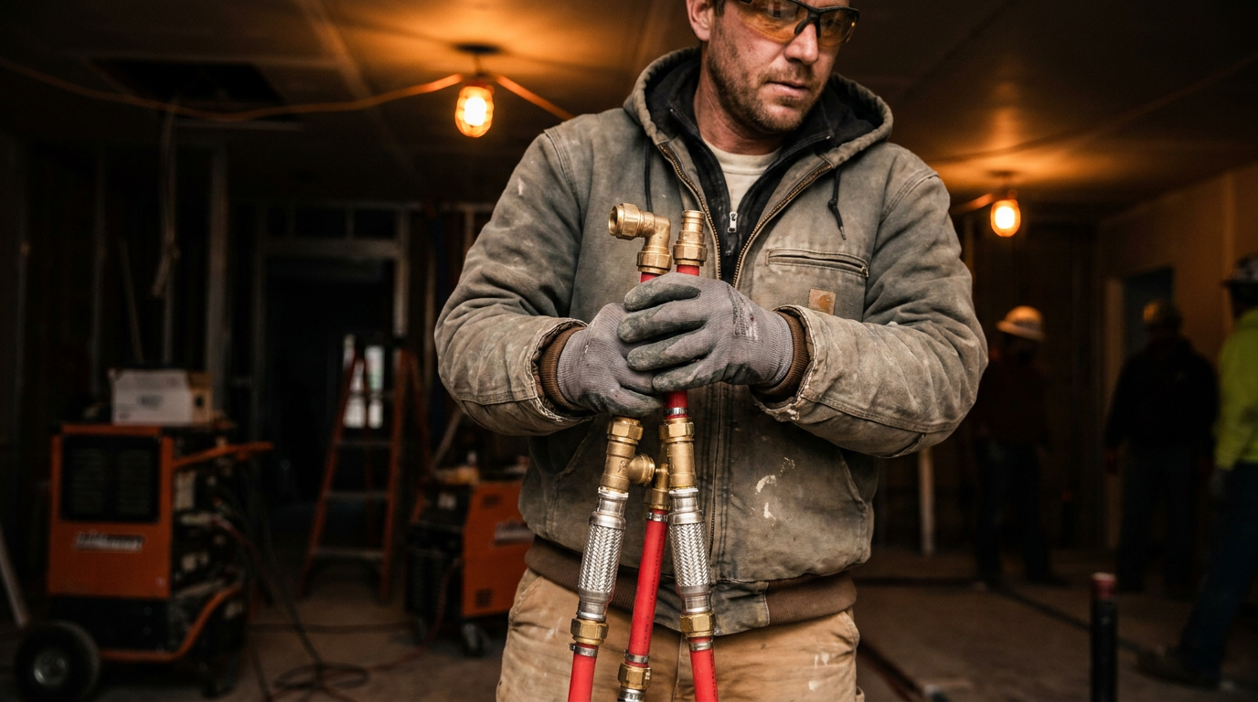 A plumber inspects earthquake-ready piping, demonstrating the use of AI tools for plumbing in California's seismic zones.