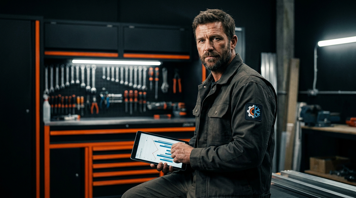 An HVAC technician uses a tablet with AI tools for refrigerant phase-down compliance in a modern workshop.
