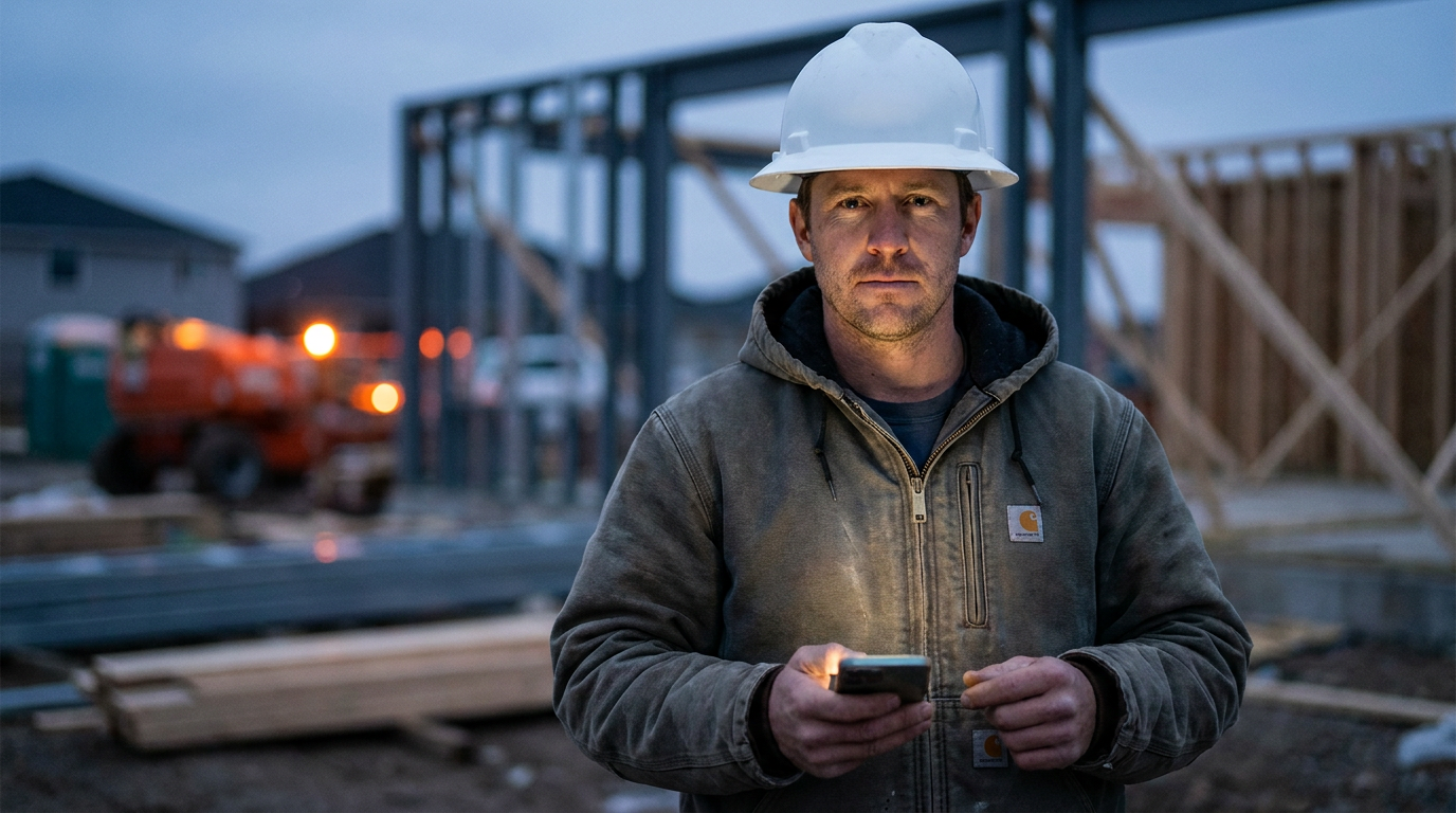 A construction manager using a smartphone on a jobsite to see if AI can track job progress from photos.
