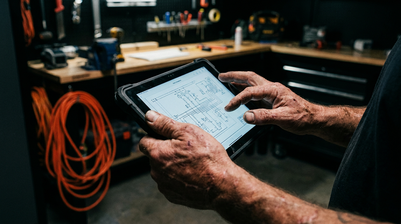 A master tradesperson reviews an AI-created trade apprenticeship curriculum on a tablet in a workshop.