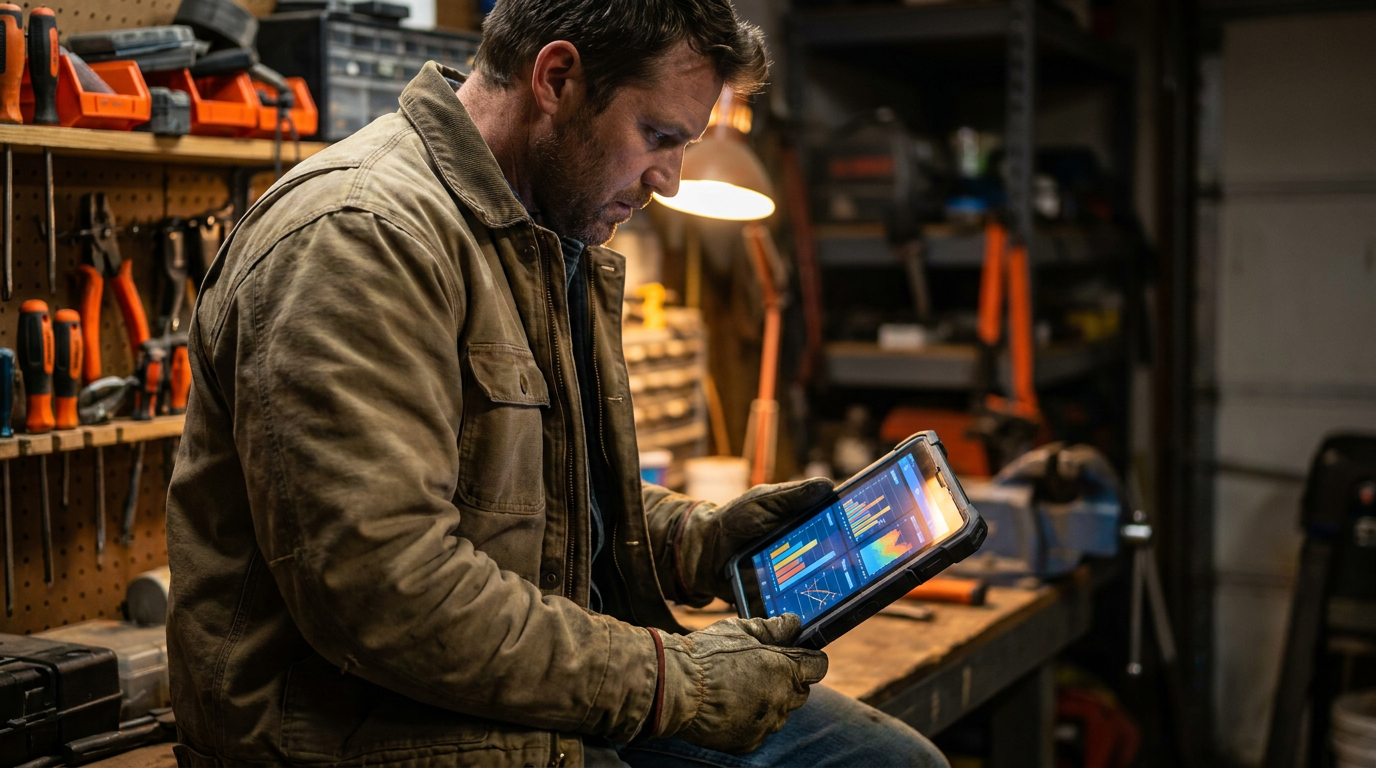 A contractor uses a tablet for AI for trade business competitive analysis in his workshop.