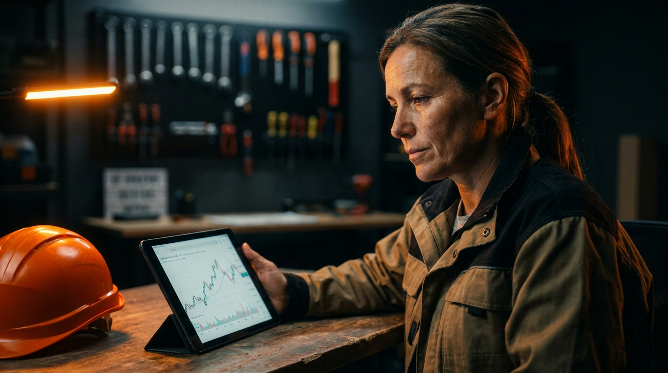 A contractor uses a tablet for AI for trade business financial forecasting in his workshop office.