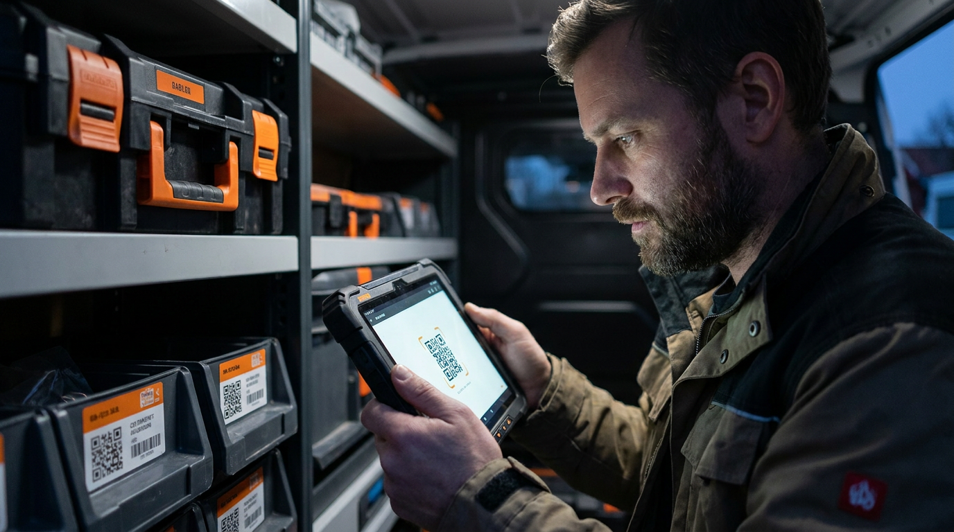 A trade professional using a tablet for AI for trade business inventory management inside a work truck.