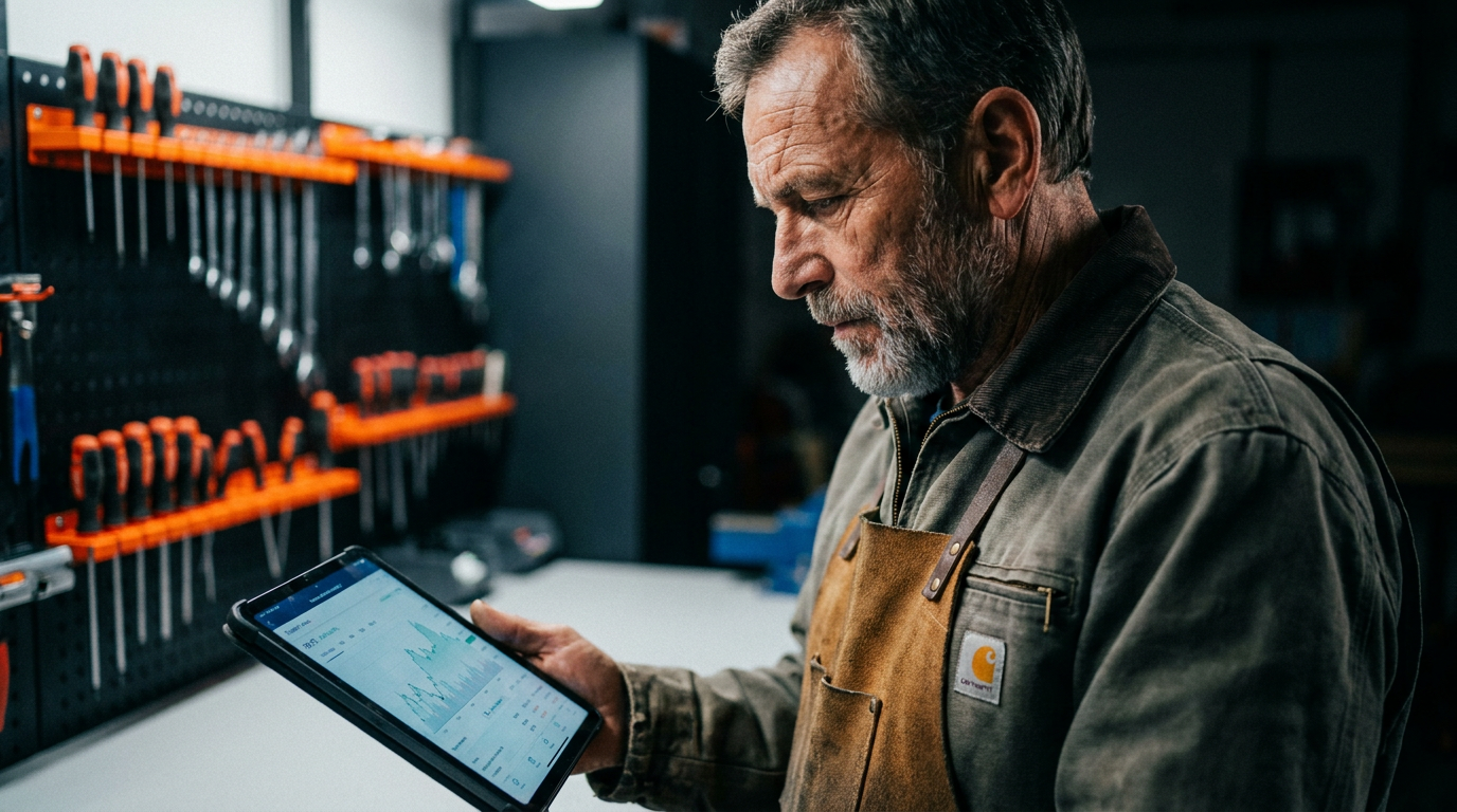 A senior tradesperson reviews his company's financials on a tablet, using AI for trade business succession planning.