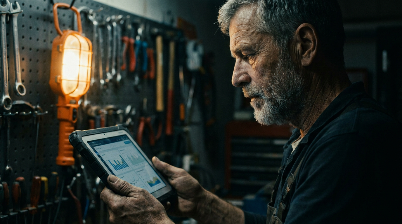 An experienced tradesperson uses a tablet for business succession planning with the help of AI data analysis.