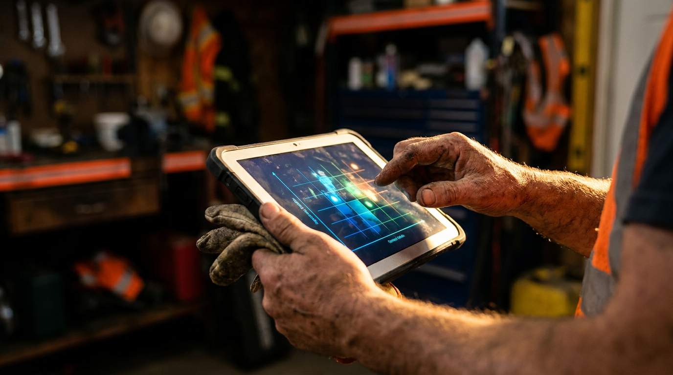 A trade crew leader's hands holding a tablet showing an AI for trade crew skills matrix, planning team assignments in a workshop.