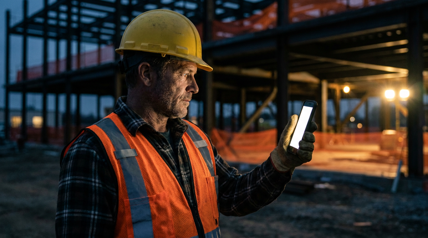A construction manager using a smartphone, demonstrating how AI can translate instructions for a Spanish-speaking crew on the jobsite.