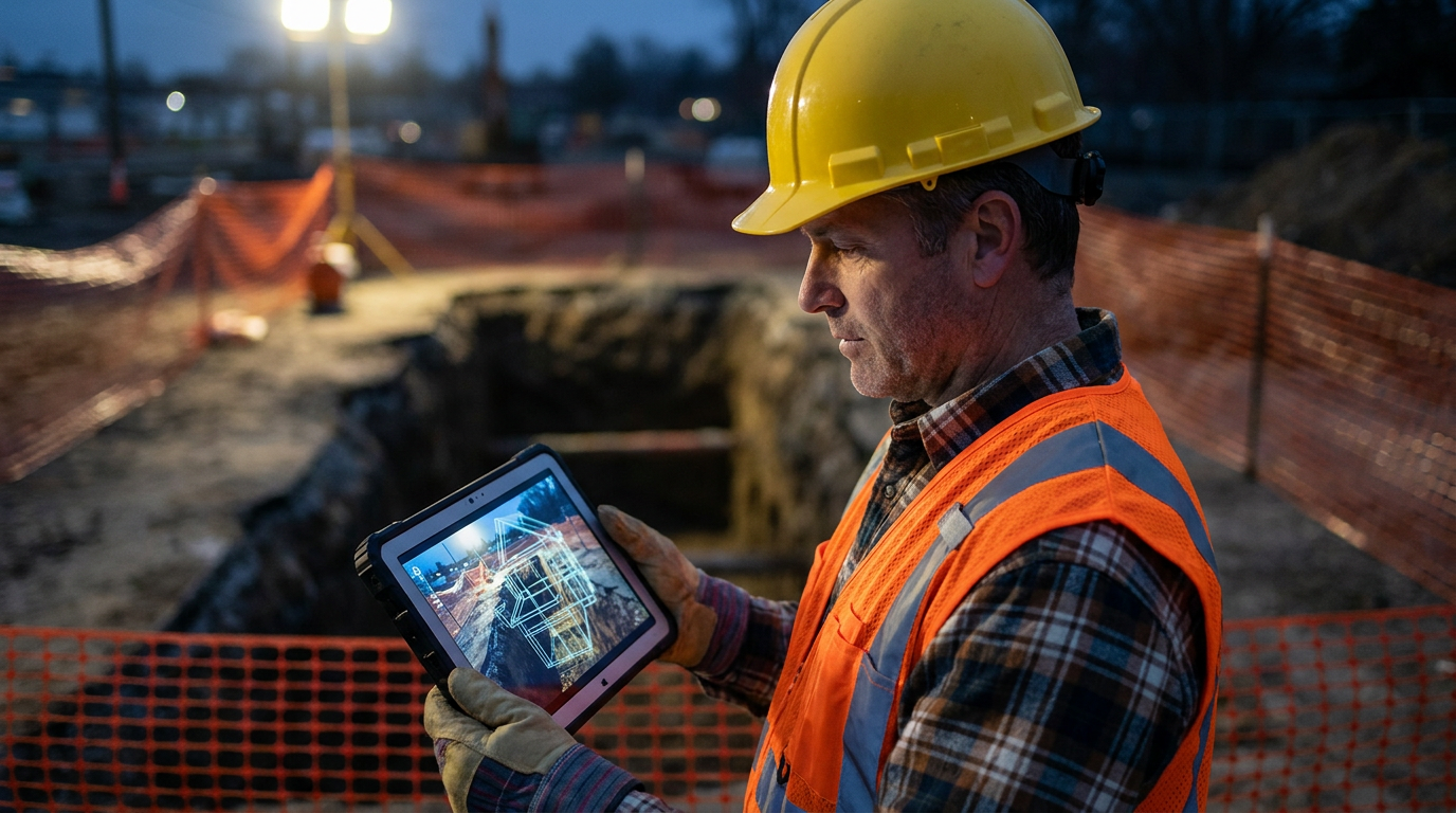 A site foreman reviews data from an AI for trench safety monitoring system on a tablet at a construction site.