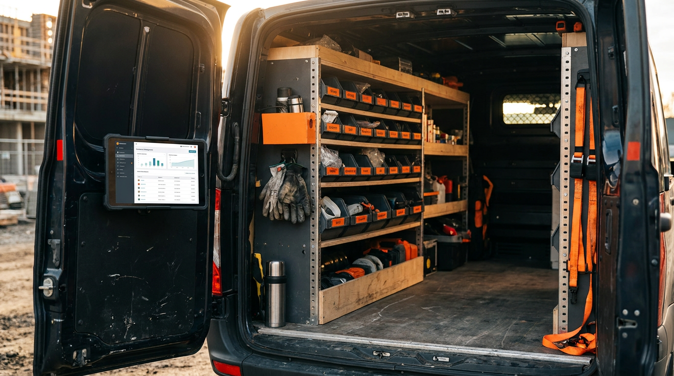 The organized interior of a work van, showing how AI for truck stock and warehouse inventory management helps keep parts neatly stocked on shelves.