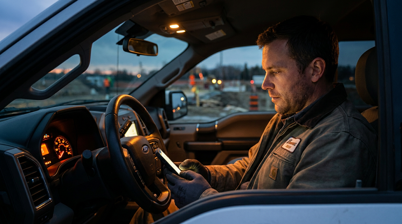 A contractor reviews his phone, considering if AI can create video testimonials from reviews to improve his marketing.