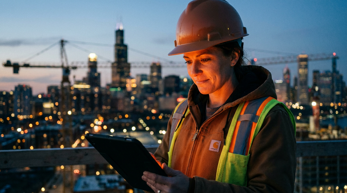 A construction manager uses a tablet with AI for union labor reporting in Illinois and New York on a jobsite.