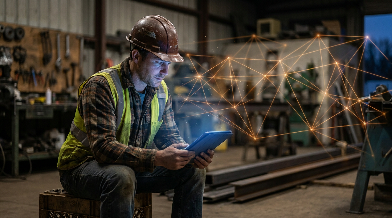A contractor reviews project data on a tablet, illustrating how AI vector databases work for contractors by organizing complex information.