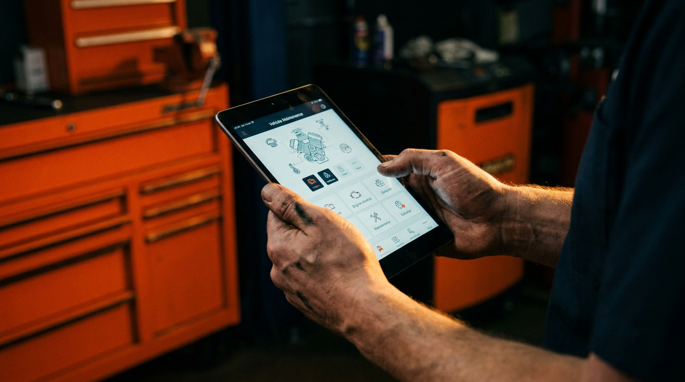 A mechanic using a tablet for AI-powered vehicle maintenance logs in a modern garage.
