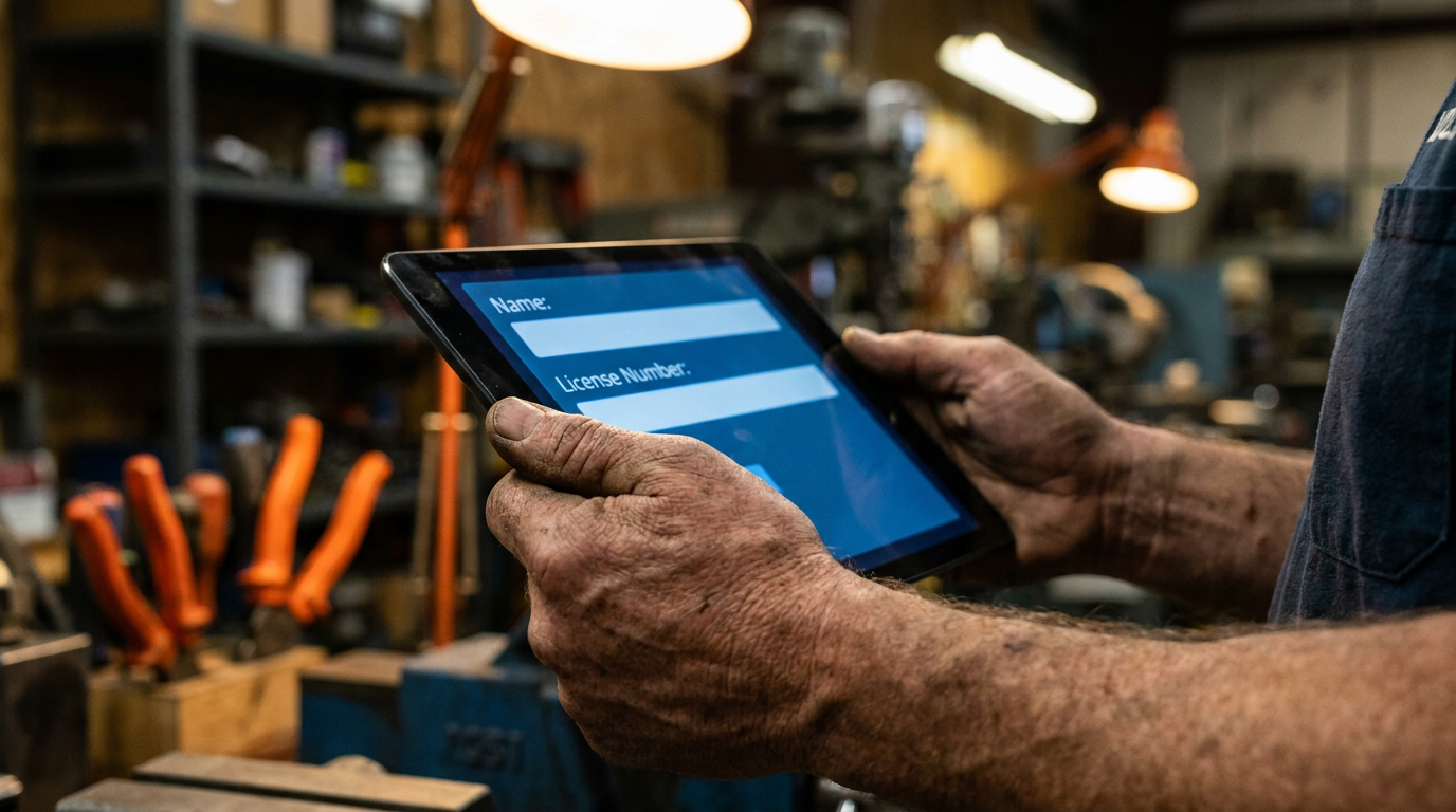 A contractor uses a tablet to verify a trade license, demonstrating how AI can check certifications for new hires.