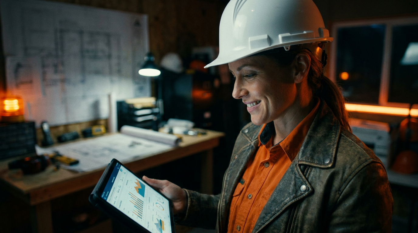 A construction manager uses a tablet, demonstrating the use of AI for vetting subcontractor insurance and licenses in a modern office.