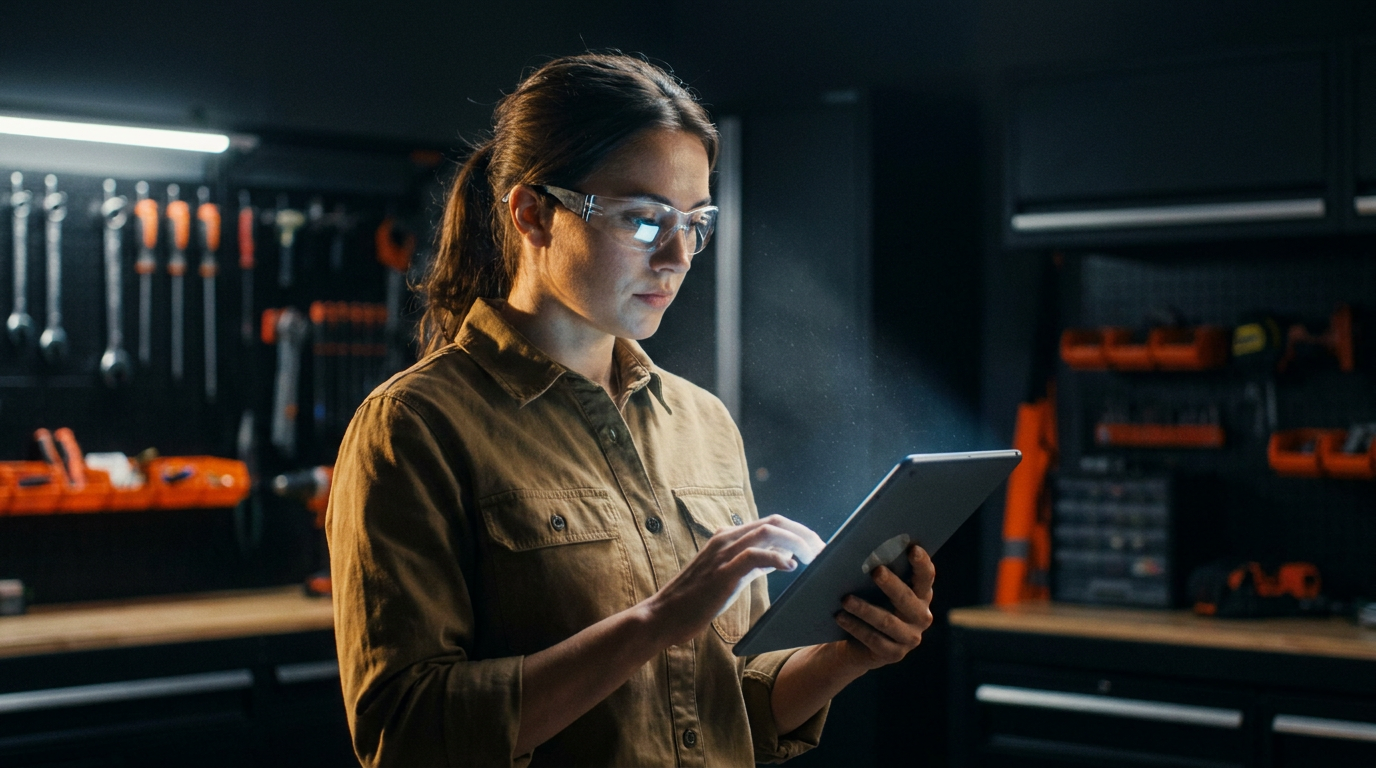 A young tradesperson uses a tablet for AI for vetting trade school graduates in a modern workshop setting.