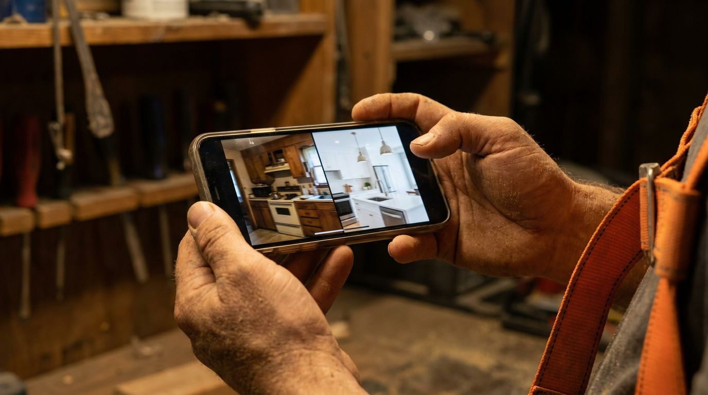 A contractor uses a smartphone to view an AI video generation of a before-and-after kitchen remodel project.